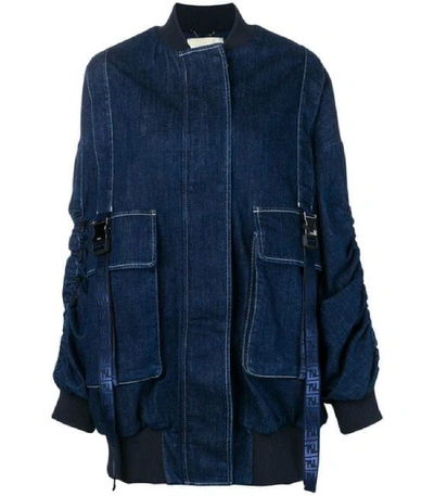 Shop Fendi Over-sized Denim Bomber Jacket In Blue
