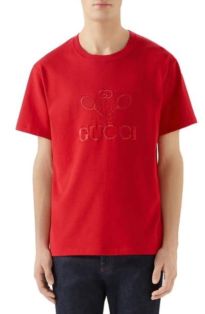 Shop Gucci Tennis Embroidered Cotton T-shirt In Live Red