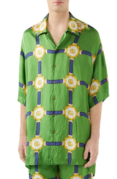 Shop Gucci Gg Harness Print Bowling Shirt In Shamrock/blue Print