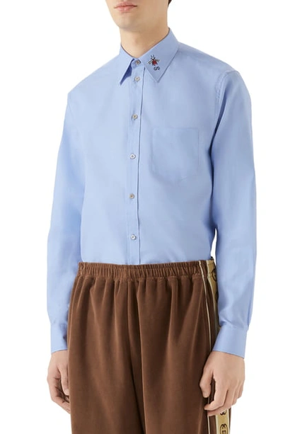 Shop Gucci Bee & Gg Embroidered Boxy Fit Oxford Shirt In Sky Blue