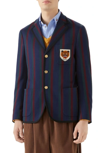 Shop Gucci Tiger Patch Stripe Cotton Jacket In Blue/ Red/ Mc
