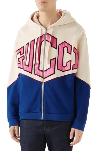 Shop Gucci Game Logo Felted Cotton Jersey Zip Hoodie In Natural/ Navy/ Red