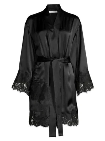 Shop Oscar De La Renta Short Lace-trim Satin Robe In Black
