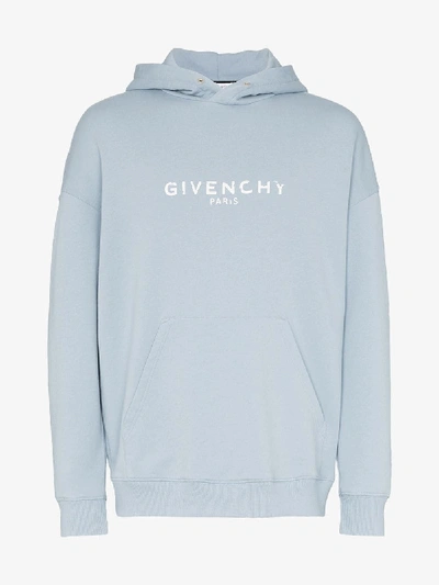 Shop Givenchy Baby Blue Faded Logo Cotton Hoodie In Pale Blue