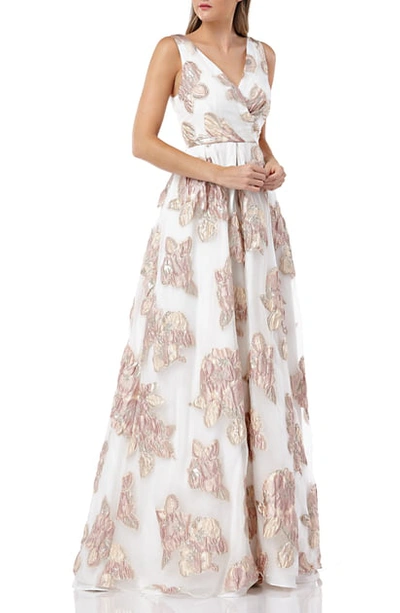 Shop Carmen Marc Valvo Infusion Organza Pleated Gown In Blush/ Ivory