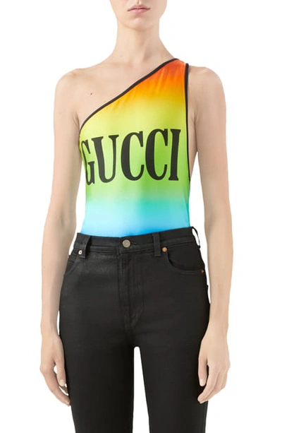 Shop Gucci Logo Print Rainbow One-piece Swimsuit In Black/ Multicolor