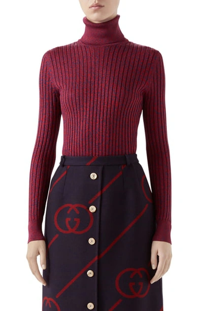 Shop Gucci Metallic Silk Blend Rib Turtleneck Sweater In Blue/ Red