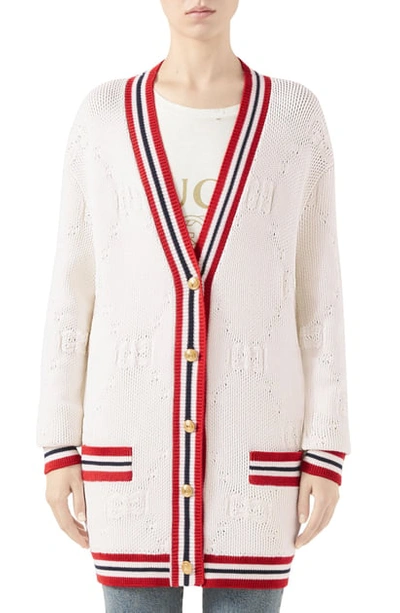 Shop Gucci Gg Logo Embossed Long Cardigan In Ivory/ Red