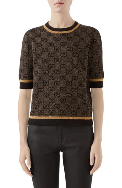 Shop Gucci Gg Logo Metallic Jacquard Sweater In Black/ Gold