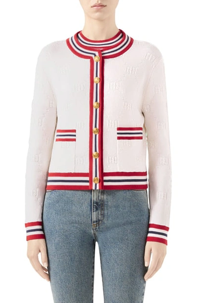 Shop Gucci Gg Logo Embossed Cardigan In Ivory/ Red