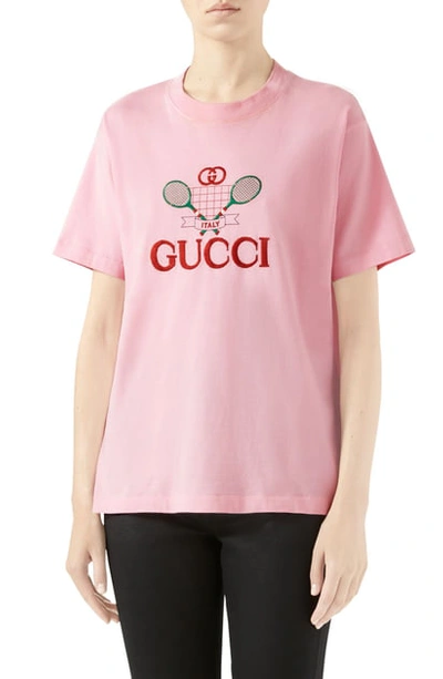 Shop Gucci Tennis Embroidered Cotton Tee In Sugar Pink