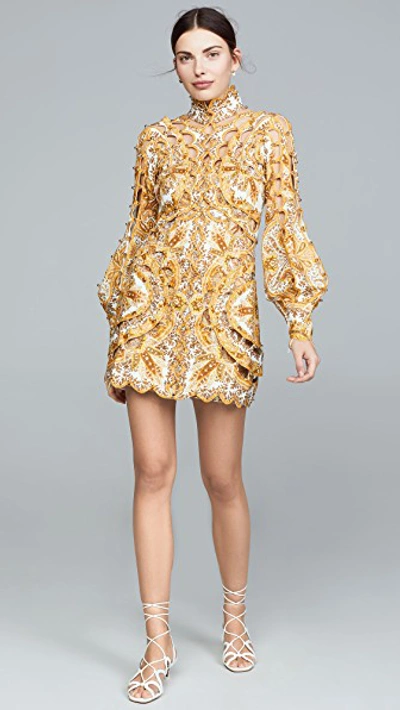 Shop Zimmermann Zippy Scallop Mini Dress In Golden Paisley