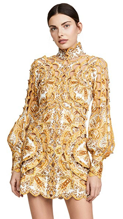 Shop Zimmermann Zippy Scallop Mini Dress In Golden Paisley