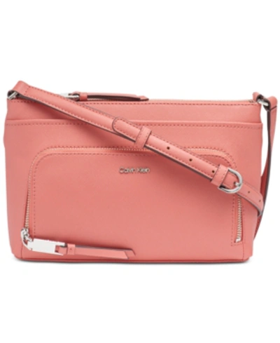 Shop Calvin Klein Lily Saffiano Leather Crossbody In Porcelain Rose/silver
