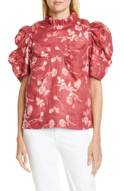 Shop Sea Monet Floral Ruched Puff Sleeve Top In Merlot Multi