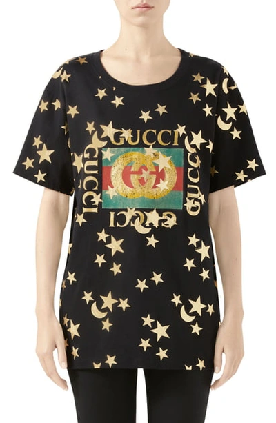 Shop Gucci Star & Moon Logo Print Cotton Tee In Black/ Multicolor