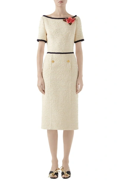 Shop Gucci Floral Applique Boucle Tweed Midi Sheath Dress In Off White/ Mix