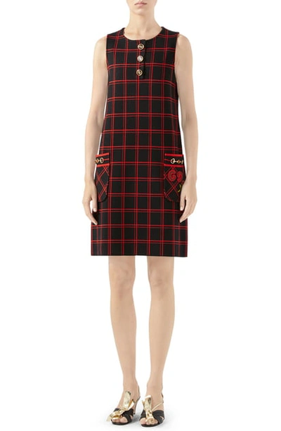 Shop Gucci Patch Embellished Check Jacquard Dress In Black/ Red