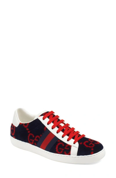 Shop Gucci New Ace Logo Sneaker In Blue/ Red