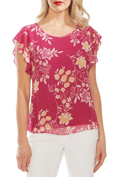Shop Vince Camuto Flutter Sleeve Floral Top In Wild Hibiscus