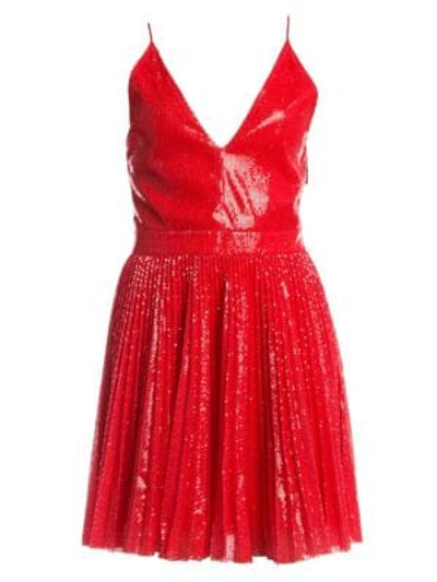 Shop Msgm Pleated Sequin Flare Dress In Red