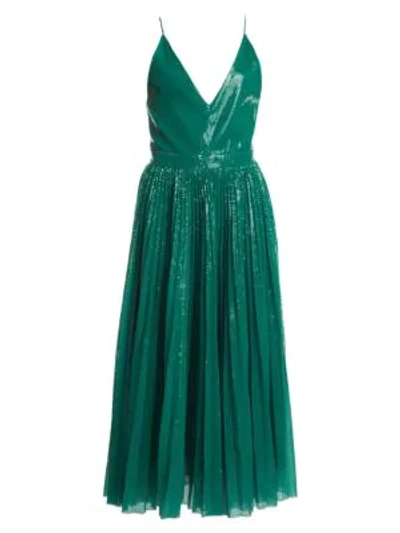 Shop Msgm Pleated Sequin Midi Flare Dress In Green