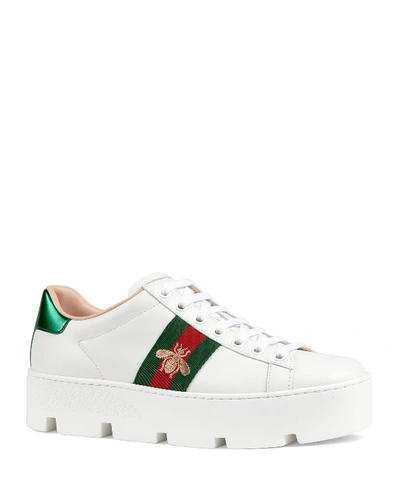 Shop Gucci New Ace Platform Bee Sneakers In White