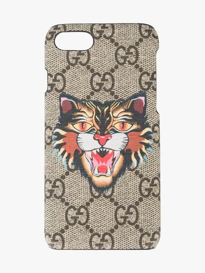 Shop Gucci Angry Cat Print Iphone 7 Case In Brown