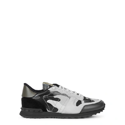 Shop Valentino Garavani Rockrunner Camouflage Suede Sneakers In Grey