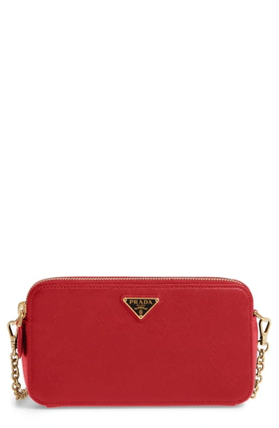 Shop Prada Small Double Compartment Zip Saffiano Leather Crossbody Bag - Red In Fuoco