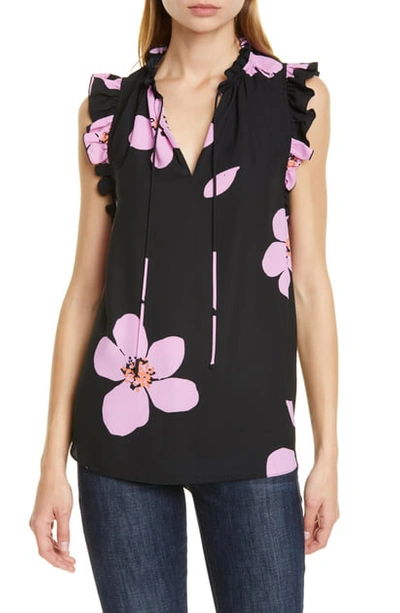 Shop Kate Spade Grand Flora Split Neck Sleeveless Top In Black