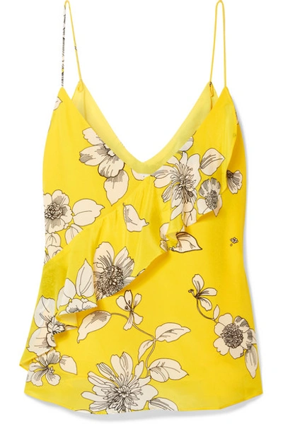 Shop Alice And Olivia Lavonia Ruffled Floral-print Silk Crepe De Chine Camisole In Yellow