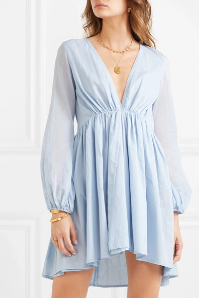 Shop Kalita Aphrodite Gathered Cotton Mini Dress In Sky Blue