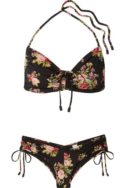 Shop Zimmermann Honour Ruched Floral-print Bikini In Black