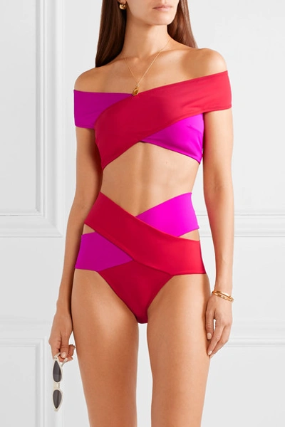 Shop Oye Swimwear Lucette Paneled Two-tone Bikini In Red