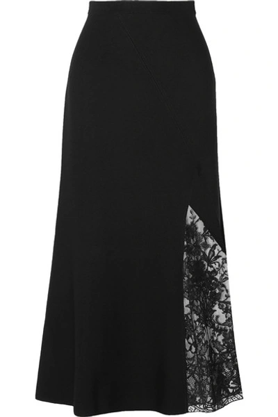 Shop Givenchy Lace-paneled Crepe Midi Skirt In Black