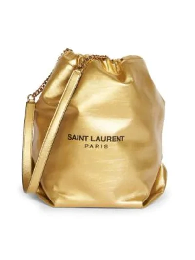 Shop Saint Laurent Teddy Metallic Leather Bucket Bag In Gold