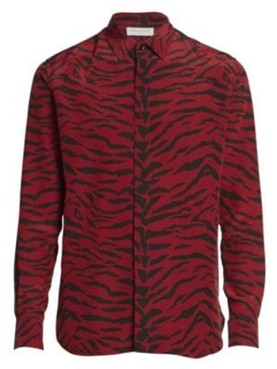 Shop Saint Laurent Men's Silk Zebra Print Shirt In Red Black