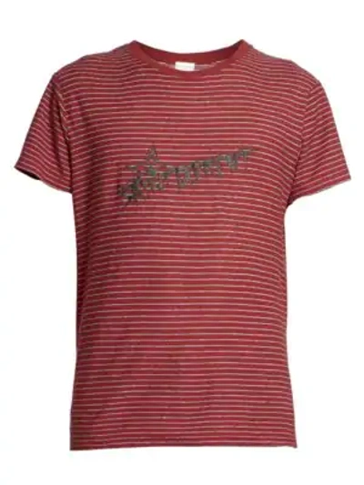 Shop Saint Laurent Men's Striped Cotton Logo T-shirt In Bordeaux Black