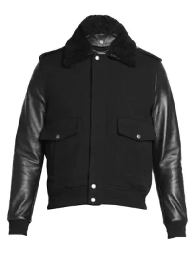 Shop Saint Laurent Faux Fur Collar Aviator Jacket In Black