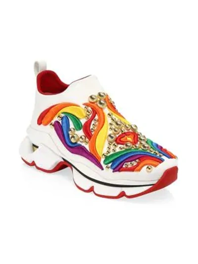 Shop Christian Louboutin Space Sock Donna Rainbow-embroidered Sneakers In White Multi