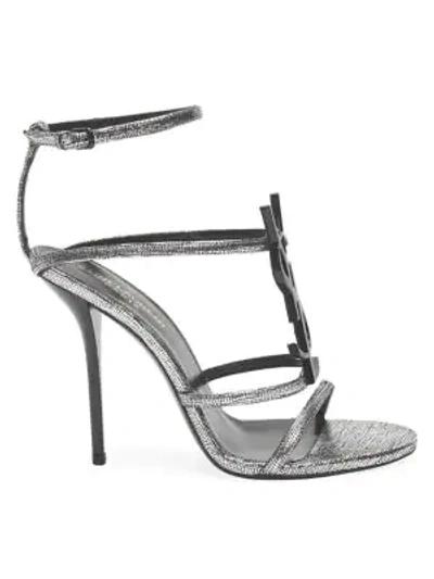 Shop Saint Laurent Cassandra Metallic Leather Sandals In Silver