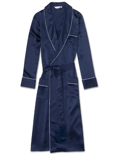 Shop Derek Rose Men's Dressing Gown Bailey Silk Satin Navy In Blue