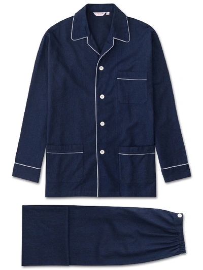 Shop Derek Rose Men's Classic Fit Pyjamas Balmoral 3 Brushed Cotton Navy In Blue