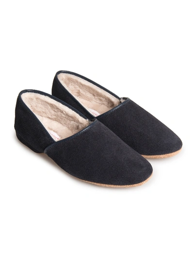 Shop Derek Rose Men's Slippers Crawford Suede Sheepskin Navy