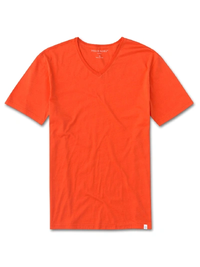 Shop Derek Rose Men's Short Sleeve V-neck T-shirt Riley 2 Pima Cotton Orange