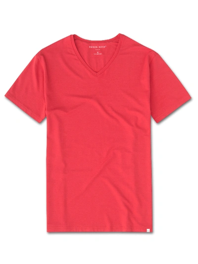 Shop Derek Rose Men's Short Sleeve V-neck T-shirt Basel 6 Micro Modal Stretch Red