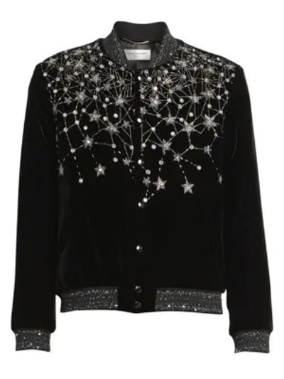 Shop Saint Laurent Embellished Velvet Bomber Jacket In Black