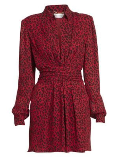 Shop Saint Laurent Women's Leopard-print V-neck Collared Dress In Rouge