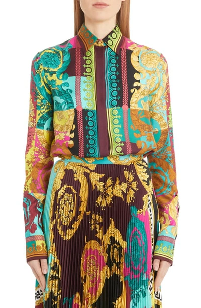 Shop Versace Colorblock Mixed Print Silk Shirt In Multi